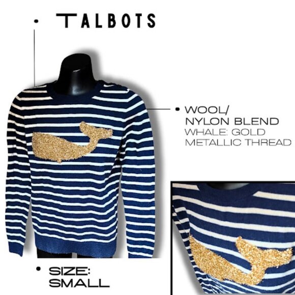 Talbots Nautical Striped Sweater - Gold Whale Detail - Wool Blend - Size S - Picture 1 of 1